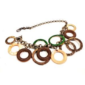 VTG Gold Tone Hammered Disc Ring Earth Tones Marble Green 7" Bracelet